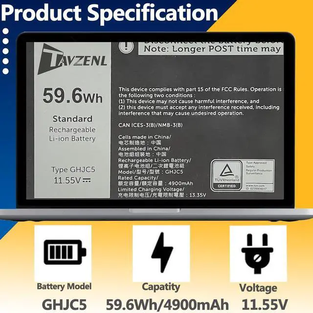 Alt view image 2 of 5 - TAVZENL GHJC5 59.6Wh Battery Replacement for Dell Latitude 9430 2-in-1 9420 2-in-1 Series Latitude 9430 9420 Series 3VV58 0JJ4XT 0VTH85 11.55V 4900