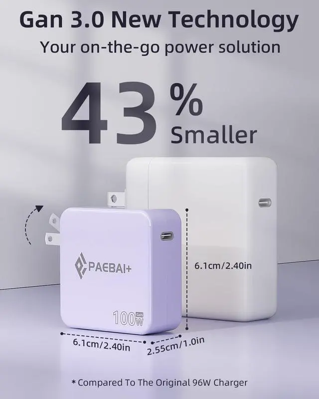 Alt view image 3 of 5 - PAEBAI+ 100W USB C Charger GaN Foldable Compact Wall Fast Charger for MacBook Pro MacBook Air, Dell XPS, iPhone 16 15 Series, Samsung Galaxy, iPad Pro and All USB-C Devices, 6.6ft Type C Cable
