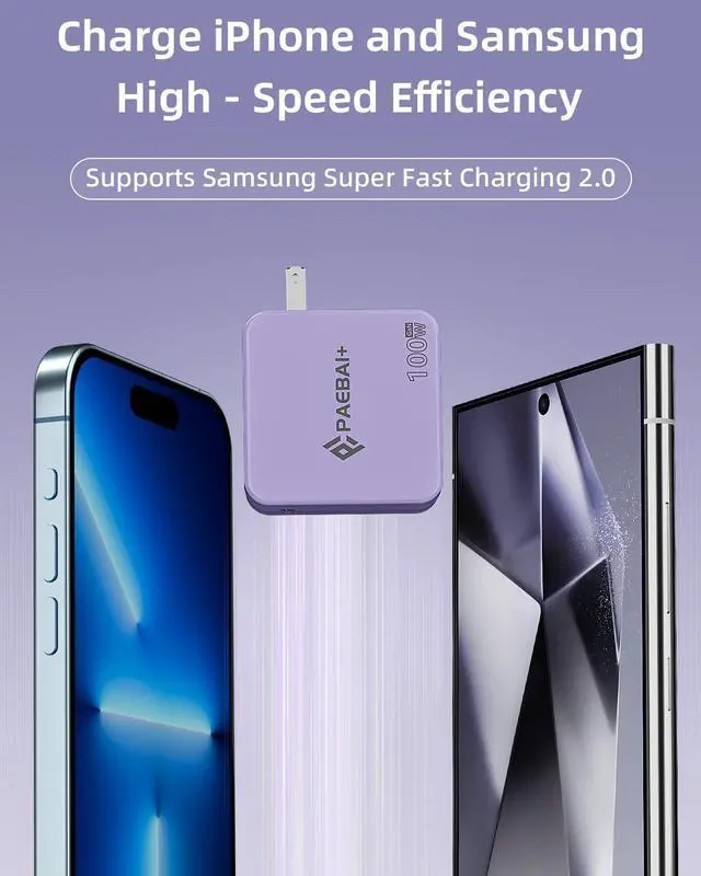 Alt view image 4 of 5 - PAEBAI+ 100W USB C Charger GaN Foldable Compact Wall Fast Charger for MacBook Pro MacBook Air, Dell XPS, iPhone 16 15 Series, Samsung Galaxy, iPad Pro and All USB-C Devices, 6.6ft Type C Cable