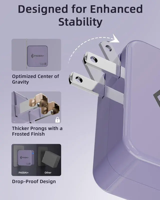 Alt view image 5 of 5 - PAEBAI+ 100W USB C Charger GaN Foldable Compact Wall Fast Charger for MacBook Pro MacBook Air, Dell XPS, iPhone 16 15 Series, Samsung Galaxy, iPad Pro and All USB-C Devices, 6.6ft Type C Cable
