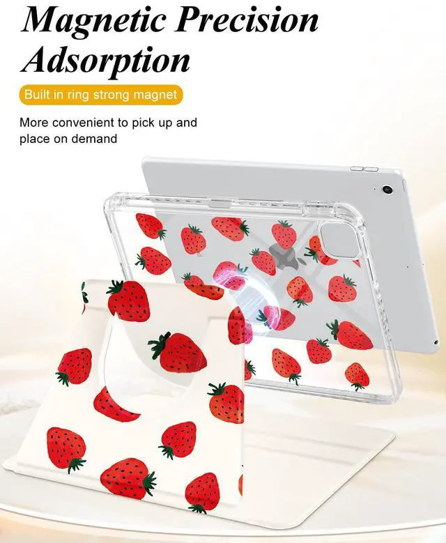 Alt view image 3 of 5 - Shorogyt for iPad Air 11 Inch Case M3 2025&M2 2024/Air 5th Generation 2022/Air 4th Gen 2020/Pro 11 Inch Case Magnetic Stand for Women - Cute 360 Degree Rotating Cover Girl Pencil Holder,Red Strawberry