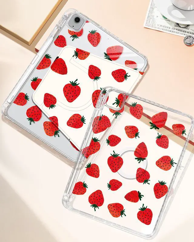 Alt view image 4 of 5 - Shorogyt for iPad Air 11 Inch Case M3 2025&M2 2024/Air 5th Generation 2022/Air 4th Gen 2020/Pro 11 Inch Case Magnetic Stand for Women - Cute 360 Degree Rotating Cover Girl Pencil Holder,Red Strawberry