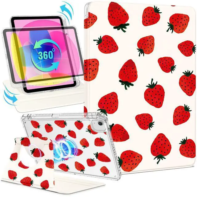 Main image of Shorogyt for iPad Air 11 Inch Case M3 2025&M2 2024/Air 5th Generation 2022/Air 4th Gen 2020/Pro 11 Inch Case Magnetic Stand for Women - Cute 360 Degree Rotating Cover Girl Pencil Holder,Red Strawberry