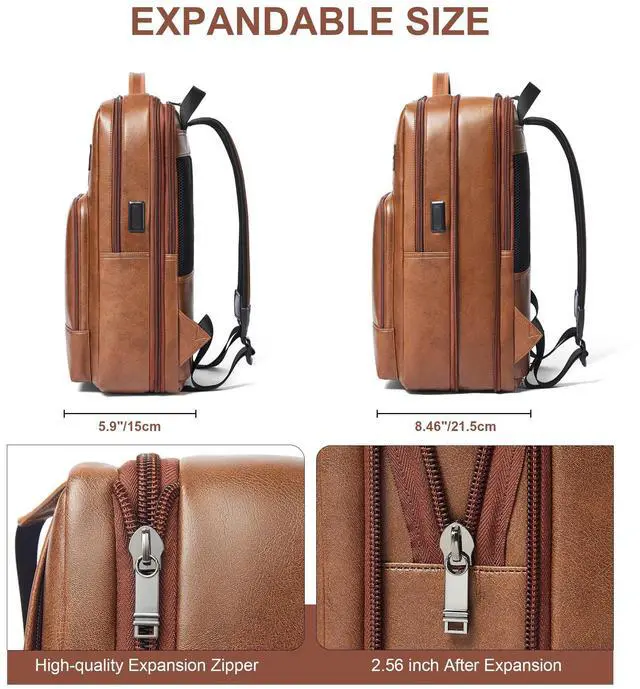 Alt view image 2 of 4 - Shrrie Leather Laptop Backpack for Women and Men,28 L Travel Backpack Computer Bag Fits 16 inch Laptop,Expandable Casual Daypack with USB Port for Work Business Weekender College,Brown