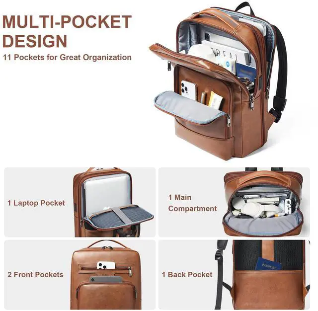 Alt view image 3 of 4 - Shrrie Leather Laptop Backpack for Women and Men,28 L Travel Backpack Computer Bag Fits 16 inch Laptop,Expandable Casual Daypack with USB Port for Work Business Weekender College,Brown