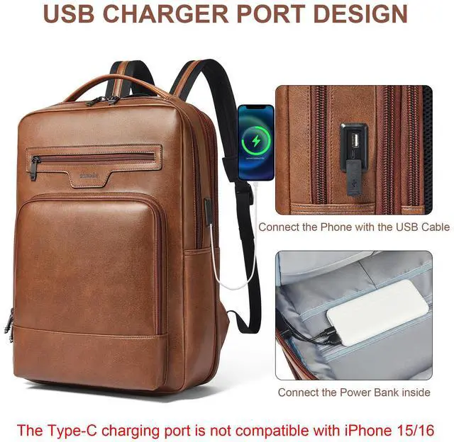 Alt view image 4 of 4 - Shrrie Leather Laptop Backpack for Women and Men,28 L Travel Backpack Computer Bag Fits 16 inch Laptop,Expandable Casual Daypack with USB Port for Work Business Weekender College,Brown