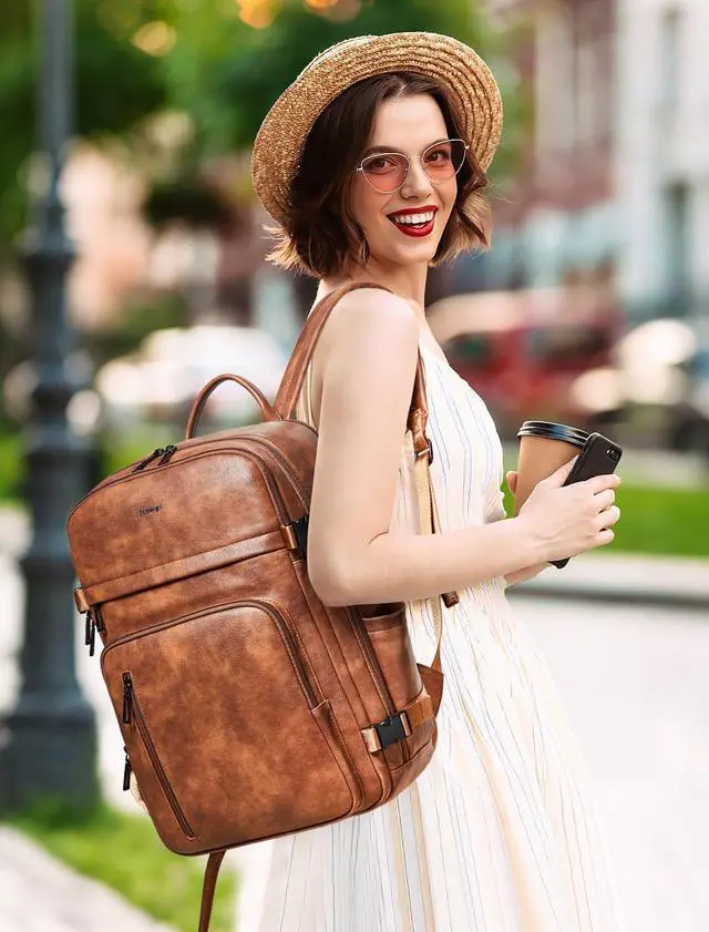 Alt view image 2 of 5 - tiamyi Travel Backpack for Women Leather Back pack with 15.6 inch Laptop Compartment, Fashion Ladies Computer Backpack, Brown