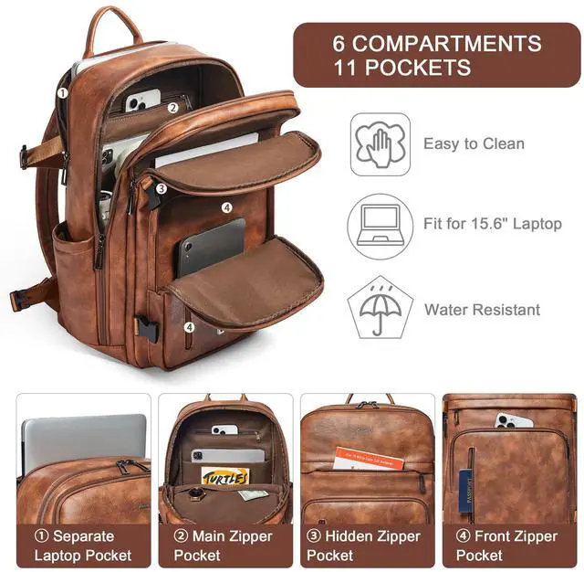 Alt view image 5 of 5 - tiamyi Travel Backpack for Women Leather Back pack with 15.6 inch Laptop Compartment, Fashion Ladies Computer Backpack, Brown