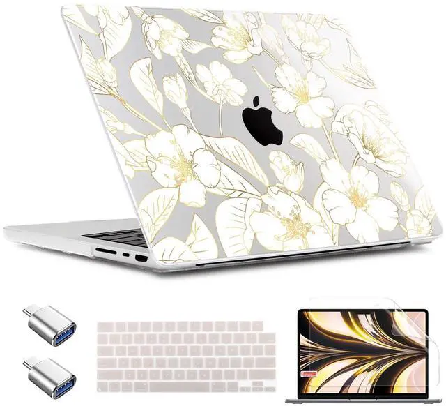 Main image of TWOLSKOO Case for MacBook Pro 14 inch M4 M3 M2 M1 (2025-2021) A3112 A3185 A3401 A2918 A2992 A2779 A2442, Plastic Hard Shell & Keyboard Cover & Type C Adapter & Screen Protector, Gold Cherry Blossom
