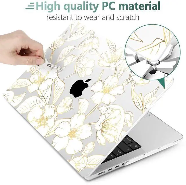 Alt view image 3 of 5 - TWOLSKOO Case for MacBook Pro 14 inch M4 M3 M2 M1 (2025-2021) A3112 A3185 A3401 A2918 A2992 A2779 A2442, Plastic Hard Shell & Keyboard Cover & Type C Adapter & Screen Protector, Gold Cherry Blossom