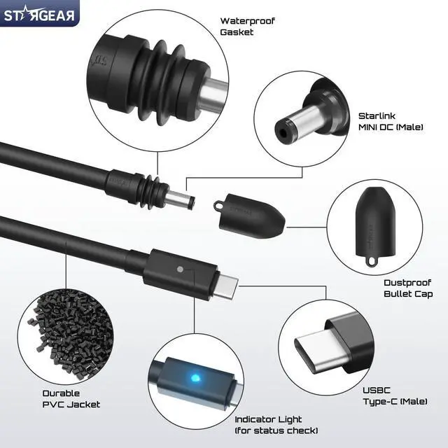 Alt view image 5 of 5 - STARGEAR Starlink Mini Cable 6.5FT, 16AWG Starlink Cable with Indicator Light 140W USB C to DC, Accessories for Starlink Work with 60W+ PD Source, Compatible with 28V PPS 20V PD Protocols