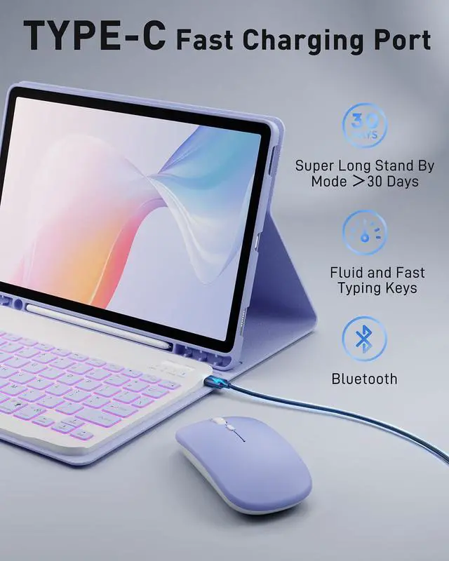 Alt view image 5 of 5 - TUNKARMOR for iPad A16 11th / 10th Generation Case with Backlit Keyboard - 7 Color Change for iPad 10th Gen 2022 & 11th Gen 2025 A16 10.9/11 inch Cover - Built-in Pencil Holder with Mouse - Purple