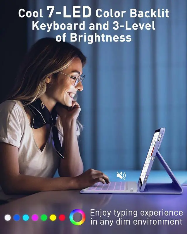 Alt view image 4 of 5 - TUNKARMOR for iPad A16 11th / 10th Generation Case with Backlit Keyboard - 7 Color Change for iPad 10th Gen 2022 & 11th Gen 2025 A16 10.9/11 inch Cover - Built-in Pencil Holder with Mouse - Purple