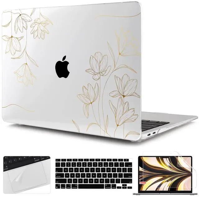 Main image of TWOLSKOO for 2021 2020 2019 2018 MacBook Air 13 inch Case A2337 M1 A2179 A1932, Hard Shell Case with Keyboard Skin & Screen Protector for MacBook Air 13.3 inch with Retina & Touch ID, Gold Florals