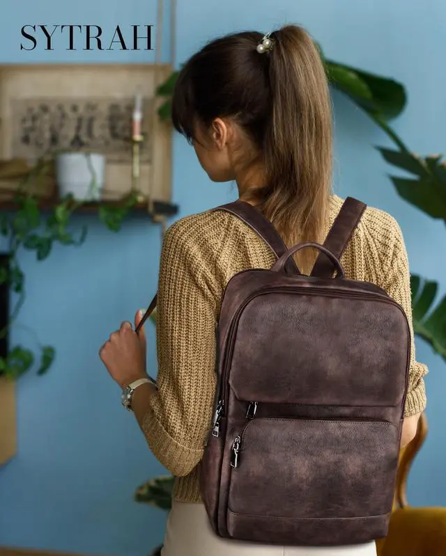 Alt view image 2 of 5 - SYTRAH Leather Backpack for Women, Vintage 15.6 inch Laptop Backpack Purse for Women, College Casual Backpacks Ladies Computer Bags for Travel Business Work Mocha Coffee