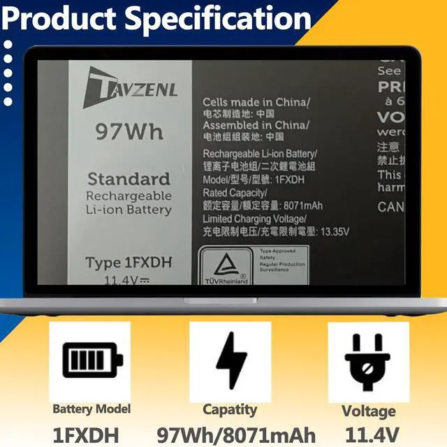 Alt view image 2 of 5 - TAVZENL 1FXDH 97Wh Battery Replacement for Dell Latitude 15 5501 5511 E5501 E5511 Series Precision 3551 3541 Series P80F P80F003 P80F004 Series D191G 1WJT0 01WJT0 1WJTO IFXDH CN-0D191G 11.4V 8071