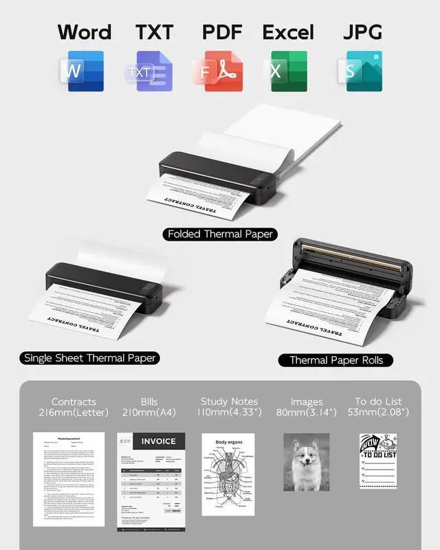 Alt view image 4 of 5 - Portable Printers Wireless for Travel, Bluetooth Inkless Thermal Printer, Support 8.5" X 11" US Letter & A4 Size, Small Mobile Printer with Carry Case, Compatible with Phone Laptop for Office Car Home