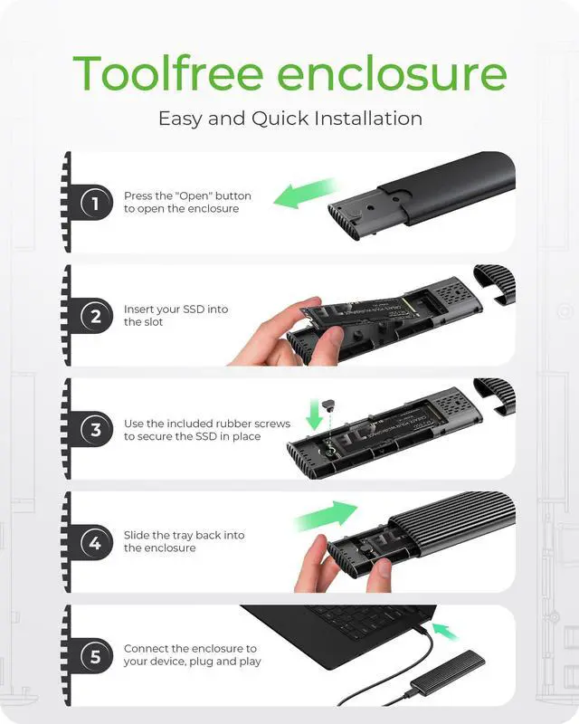 Alt view image 3 of 5 - M.2 NVMe SSD Enclosure, ICY BOX SSD Enclosure Adapter, Tool-Free USB C External, USB 3.2 Gen2 10Gbps NVMe to USB Adapter/Reader Supports M and B&M Keys and Size 2230/2242/2260/2280