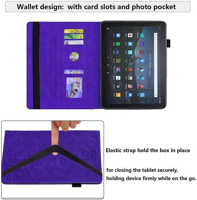 Alt view image 4 of 5 - UUcovers 10.1" Case for Kindle Fire HD 10 (Only Fits 11th Gen,2021 Release) & Fire HD 10 Plus (11th Gen) with Pencil Holder [Auto Sleep/Wake] Folio Stand Embossed Flower PU Leather TPU Cover, Purple
