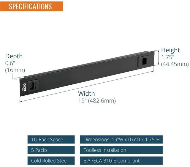 Alt view image 2 of 5 - Tecmojo 5 Pack 1U Blank Panel, Cold Rolled Steel Rack Blank Panel, Rack Mount Plate for 19 in Server Rack Enclosure or Network Cabinet, Toolless Mounting, Black
