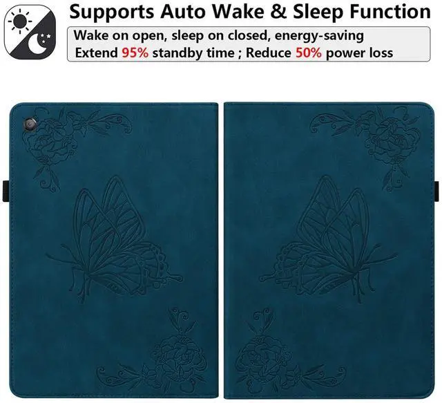 Alt view image 5 of 5 - UUcovers Fire HD 10 Case 9th/7th/5th Generation 10.1" (2019/2017/2015), Slim Folio Stand Wallet with Pencil Holder Elastic Band [Auto Sleep/Wake] Embossed PU Leather Cover, Blue Flower Butterfly