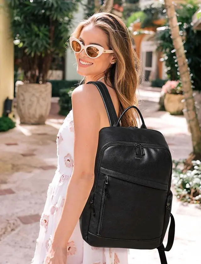 Alt view image 2 of 5 - tiamyi Travel Leather Backpack for Women 15.6 Inch Laptop Fashion Back pack for Work College,Black