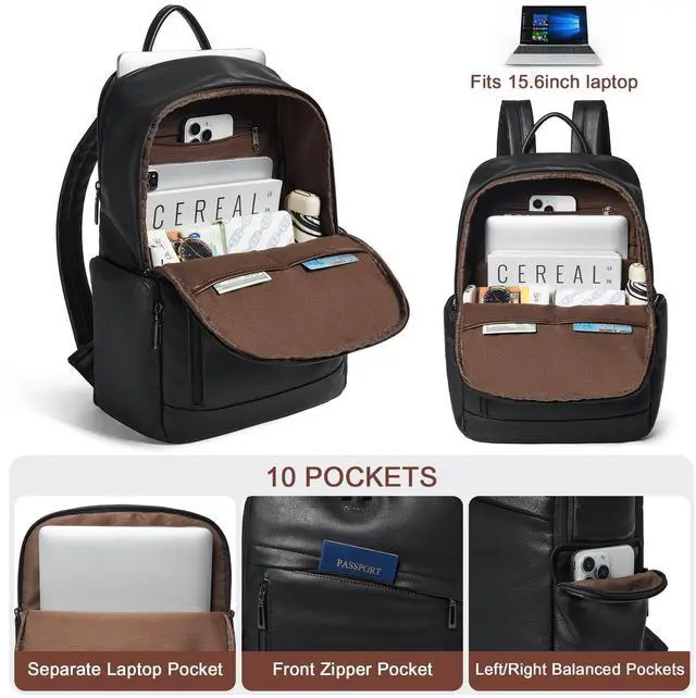 Alt view image 4 of 5 - tiamyi Travel Leather Backpack for Women 15.6 Inch Laptop Fashion Back pack for Work College,Black