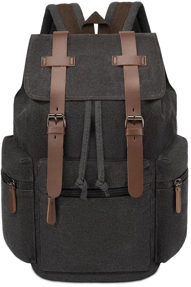 Main image of VAZUOOL Canvas Laptop Backpack, Vintage Daypack for Men Women, Travel Rucksack Knapsack Work College Computer Bag Bookbag Fits 15.6 Inch Laptop, Brown, Black