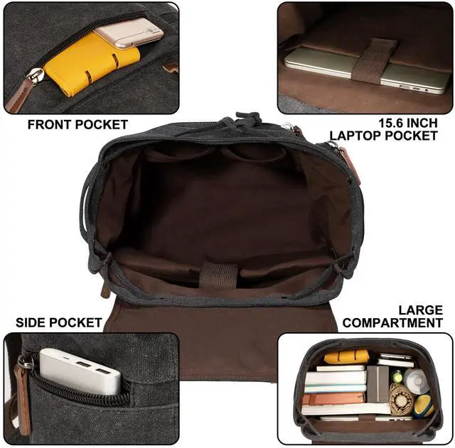 Alt view image 2 of 5 - VAZUOOL Canvas Laptop Backpack, Vintage Daypack for Men Women, Travel Rucksack Knapsack Work College Computer Bag Bookbag Fits 15.6 Inch Laptop, Brown, Black