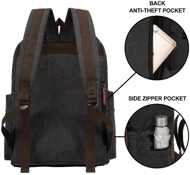 Alt view image 4 of 5 - VAZUOOL Canvas Laptop Backpack, Vintage Daypack for Men Women, Travel Rucksack Knapsack Work College Computer Bag Bookbag Fits 15.6 Inch Laptop, Brown, Black