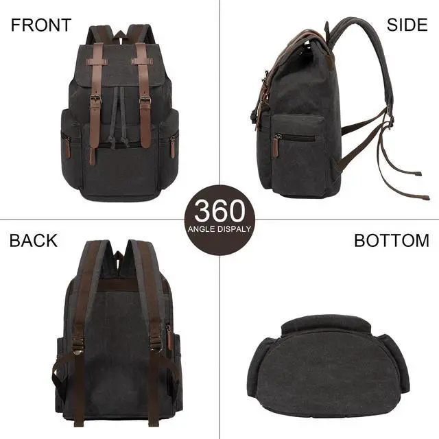 Alt view image 5 of 5 - VAZUOOL Canvas Laptop Backpack, Vintage Daypack for Men Women, Travel Rucksack Knapsack Work College Computer Bag Bookbag Fits 15.6 Inch Laptop, Brown, Black