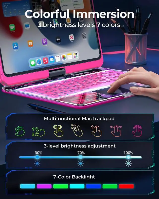 Alt view image 3 of 5 - Clear Wireless Keyboard Case for iPad Air 13 Inch (M3/M2, 2025/2024)/ iPad Pro 12.9" (6/5/4/3 Gen) 2018 2020 2021 2022, 7-Color Backlit, Pencil Holder & Multi-Touch Trackpad, 360 Rotatable, Pink