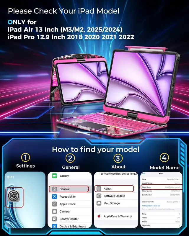 Alt view image 2 of 5 - Clear Wireless Keyboard Case for iPad Air 13 Inch (M3/M2, 2025/2024)/ iPad Pro 12.9" (6/5/4/3 Gen) 2018 2020 2021 2022, 7-Color Backlit, Pencil Holder & Multi-Touch Trackpad, 360 Rotatable, Pink