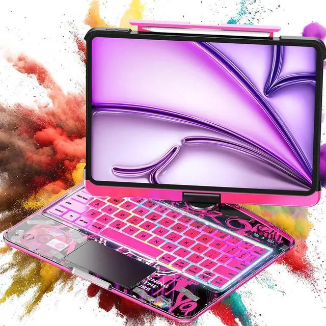 Main image of Clear Wireless Keyboard Case for iPad Air 13 Inch (M3/M2, 2025/2024)/ iPad Pro 12.9" (6/5/4/3 Gen) 2018 2020 2021 2022, 7-Color Backlit, Pencil Holder & Multi-Touch Trackpad, 360 Rotatable, Pink