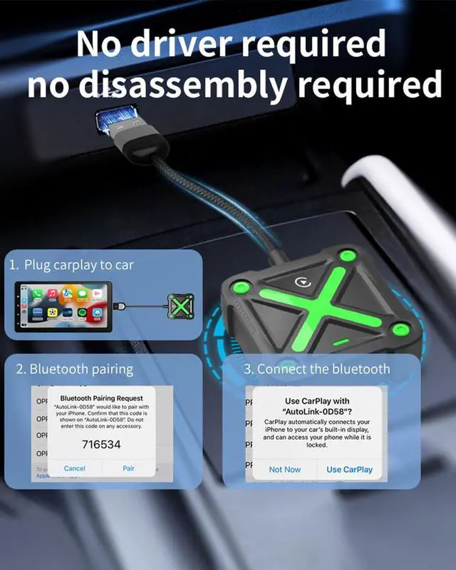 Alt view image 5 of 5 - Wireless Carplay Adapter, Mini Carplay Wireless Adapter Bluetooth Connection, Plug & Play, No Latency for iPhone iOS10+ (Green)