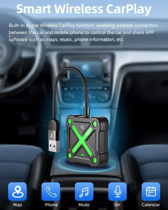 Alt view image 2 of 5 - Wireless Carplay Adapter, Mini Carplay Wireless Adapter Bluetooth Connection, Plug & Play, No Latency for iPhone iOS10+ (Green)