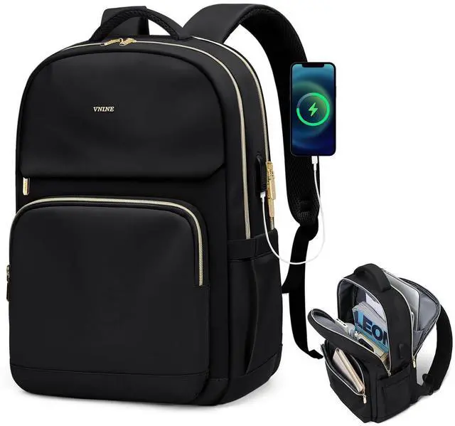 Main image of VNINE Laptop Backpack for Women Men Fits 15.6 Inch Laptop Bag Fashion Backpacks Purse with USB Port Waterproof Travel Bag Casual Daypacks for Teacher College Business Nurse Computer Backpack, Black