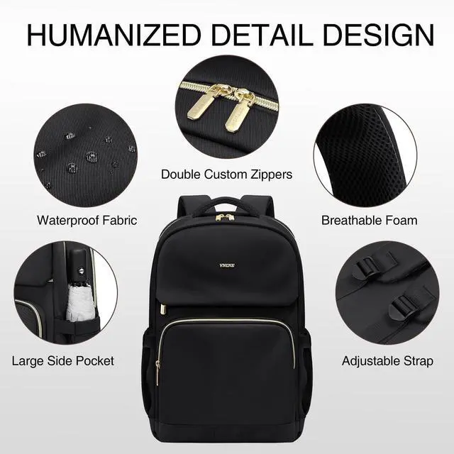 Alt view image 3 of 5 - VNINE Laptop Backpack for Women Men Fits 15.6 Inch Laptop Bag Fashion Backpacks Purse with USB Port Waterproof Travel Bag Casual Daypacks for Teacher College Business Nurse Computer Backpack, Black