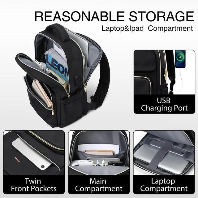 Alt view image 4 of 5 - VNINE Laptop Backpack for Women Men Fits 15.6 Inch Laptop Bag Fashion Backpacks Purse with USB Port Waterproof Travel Bag Casual Daypacks for Teacher College Business Nurse Computer Backpack, Black