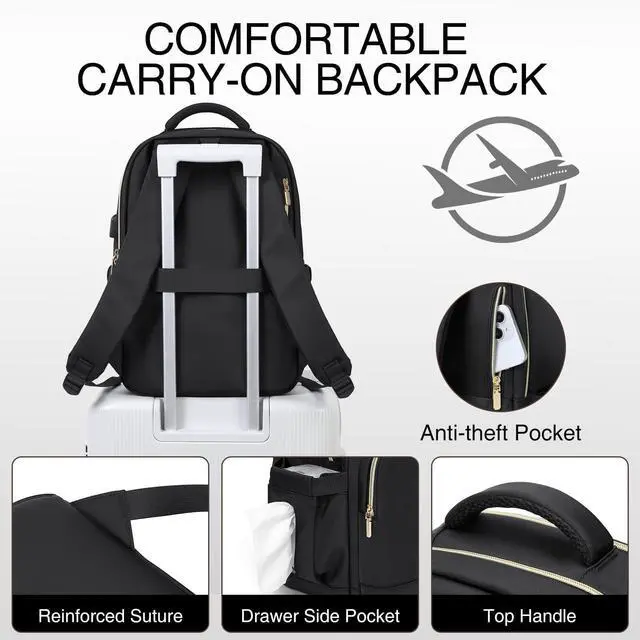 Alt view image 5 of 5 - VNINE Laptop Backpack for Women Men Fits 15.6 Inch Laptop Bag Fashion Backpacks Purse with USB Port Waterproof Travel Bag Casual Daypacks for Teacher College Business Nurse Computer Backpack, Black