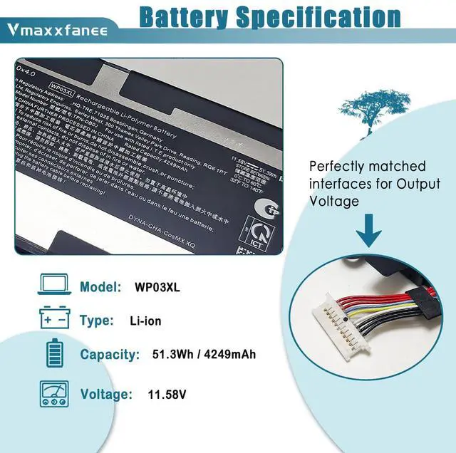 Alt view image 2 of 5 - 51.3Wh WP03XL Laptop Battery Replacement for HP EliteBook x360 1040 G9 G10 EliteBook 830 835 840 845 860 865 G9 835 840 845 860 865 G10 Series M73466-005 M64305-421 L78555-005 HSTNN-LB8W HSTNN-OB2J
