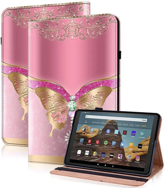 Main image of TUOLISG for Kindle Fire HD 10 Case 9th/7th/5th Generation 10.1 Inch (2019/2017/2015), PU Leather Wallet Cover with Pen Holder, Elastic Band & Card Slots for Kindle Fire HD 10 Case - Pink Butterfly