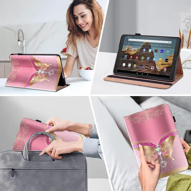 Alt view image 5 of 5 - TUOLISG for Kindle Fire HD 10 Case 9th/7th/5th Generation 10.1 Inch (2019/2017/2015), PU Leather Wallet Cover with Pen Holder, Elastic Band & Card Slots for Kindle Fire HD 10 Case - Pink Butterfly
