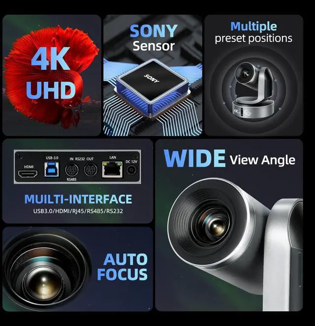 Alt view image 3 of 5 - Vunvooker 4K Conference Room Camera,PTZ Camera 20X Optical Zoom with IP/USB3.0/HDMI/RS232/RS485 for IP Live Streaming Video Conference and Church Education