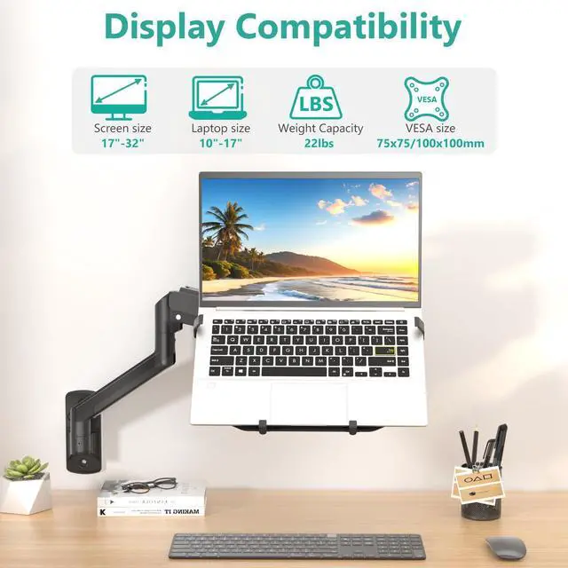 Alt view image 2 of 5 - WALI Laptop Wall Mount, Full Motion Adjustable Laptop Arm Fits 10 to 17inch Notebook, Monitor Wall Mount for 17 to 32inch Computer Screen, Holds up to 15.4-22lbs(GSWM001LP), Black
