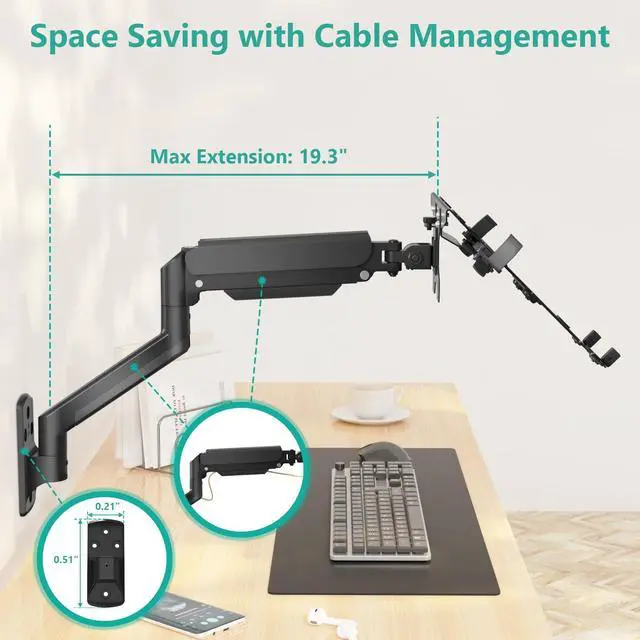 Alt view image 5 of 5 - WALI Laptop Wall Mount, Full Motion Adjustable Laptop Arm Fits 10 to 17inch Notebook, Monitor Wall Mount for 17 to 32inch Computer Screen, Holds up to 15.4-22lbs(GSWM001LP), Black