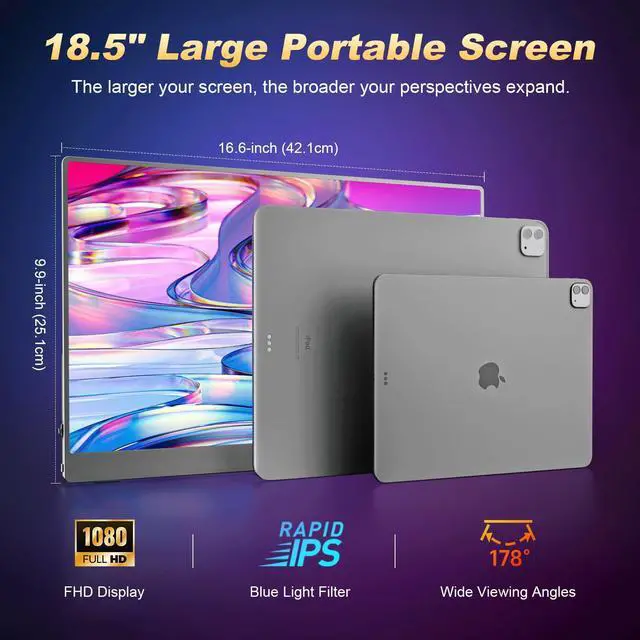 Alt view image 4 of 5 - Portable Monitor for Laptop, 18.5 Inch 1080P FHD 120Hz 125% sRGB HDMI USB-C Travel Monitor for Laptop MacBook Xbox PS4/5, Portable Screen for Laptop with VESA & Smart Cover