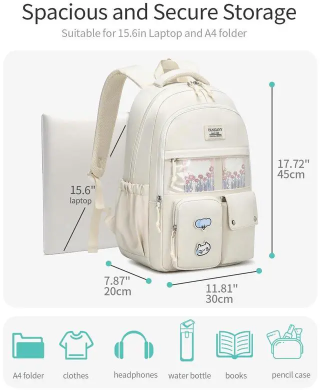 Alt view image 4 of 5 - VANKANY Girls Backpack for School, Cute Teens Bookbag Large Capacity for Middle High School College Women Laptop Backpack with Accessories, Beige