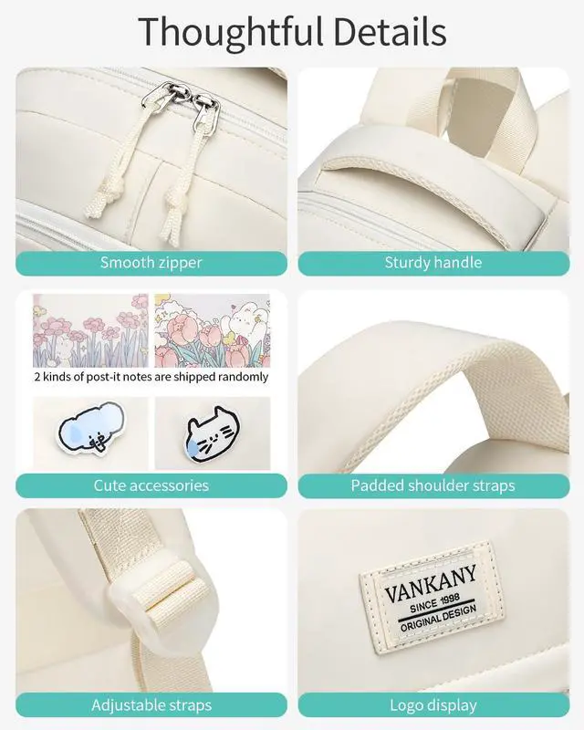 Alt view image 5 of 5 - VANKANY Girls Backpack for School, Cute Teens Bookbag Large Capacity for Middle High School College Women Laptop Backpack with Accessories, Beige