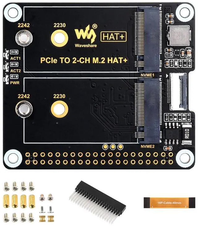 Main image of PCIe to 2-CH M.2 Adapter for Raspberry Pi 5 HAT+ Standard, Compatible with M.2 NVMe SSD 2230 2242 Solid State Drive, RPi 5 M.2 HAT High-Speed Reading/Writing